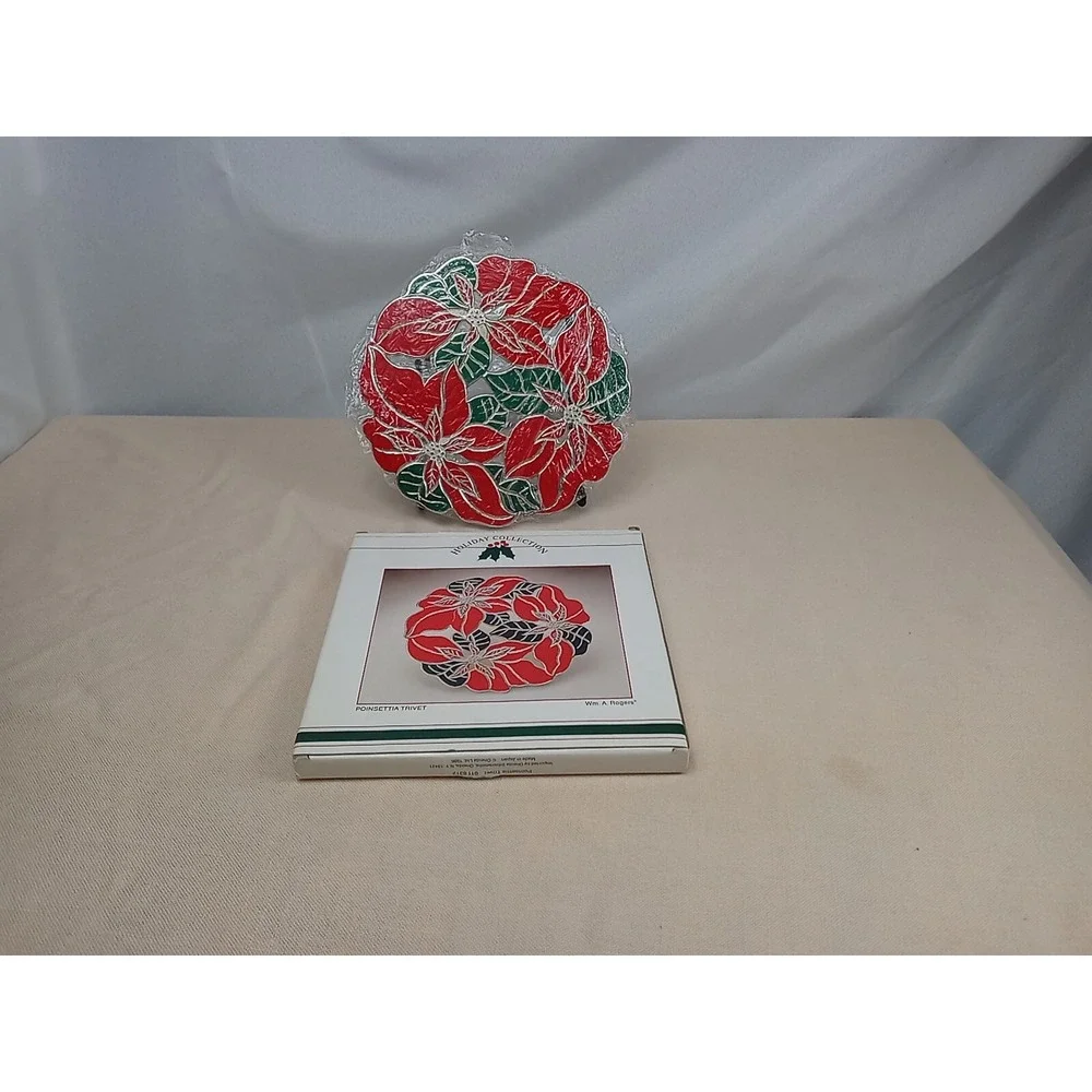 Vintage Wm A Rogers Poinsettia Trivet Silverplate & Enamel 1986 Christmas Trivet